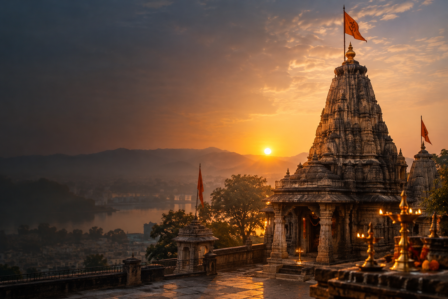 Sunrise view of a historic stone temple shikhara with carved arches, saffron flags, and devotional lamps in the foreground