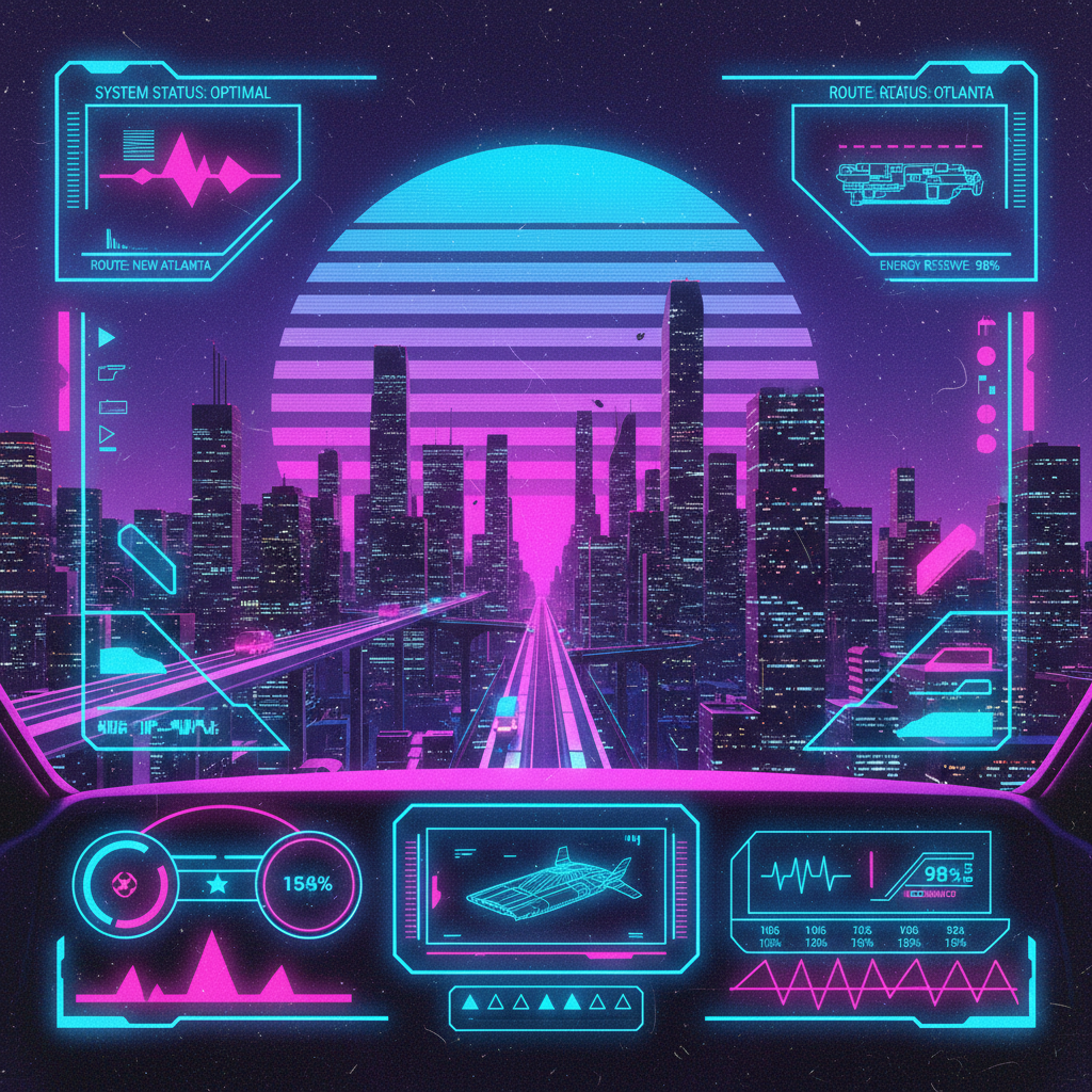 SynthCity dashboard UI, neon-lit cityscape