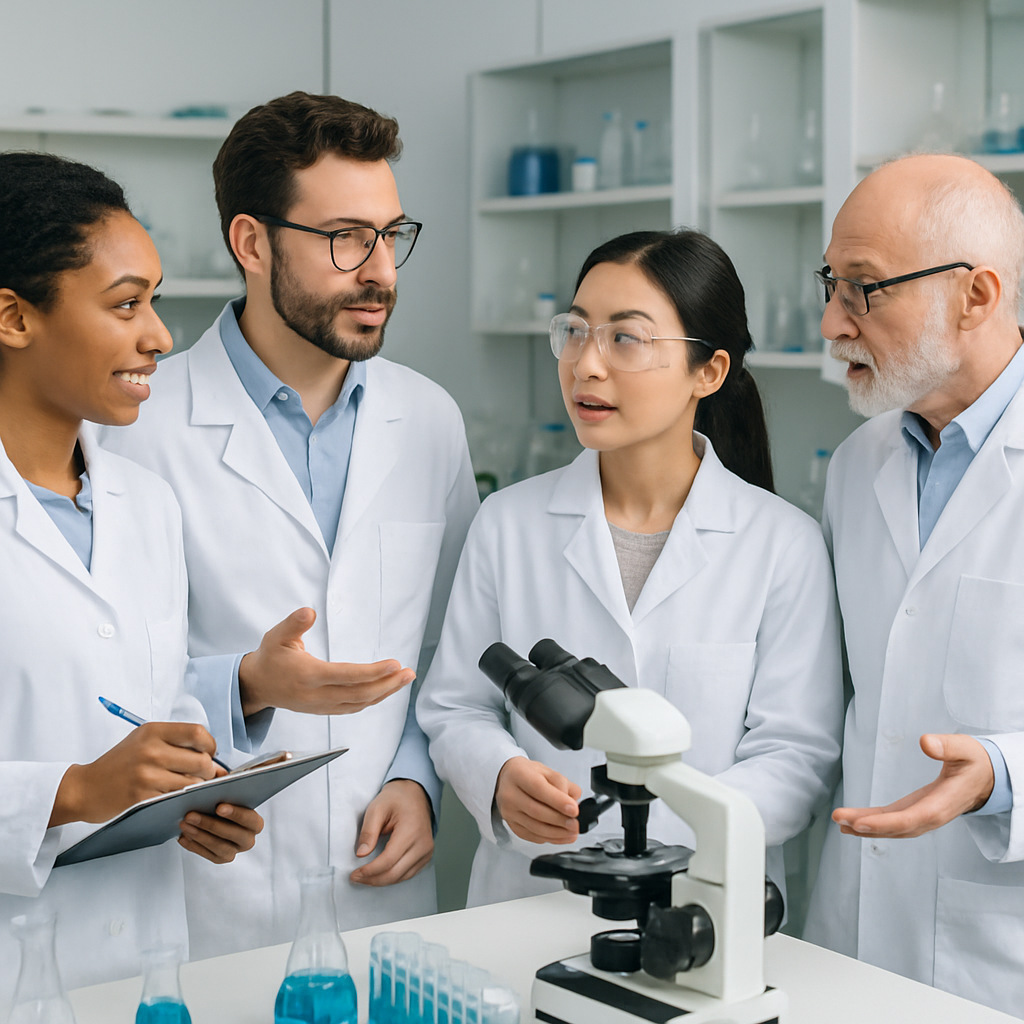 Diverse group of researchers collaborating in a lab