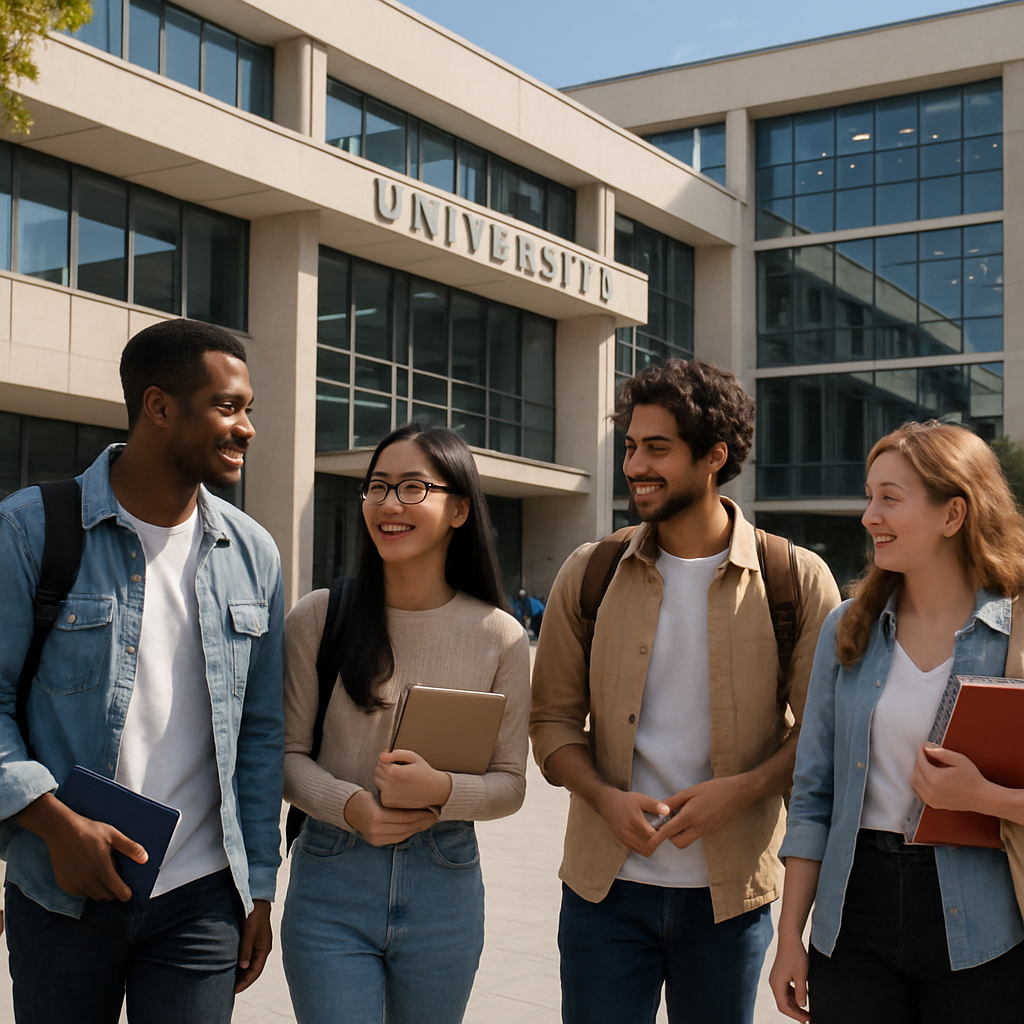 Modern university campus with international students