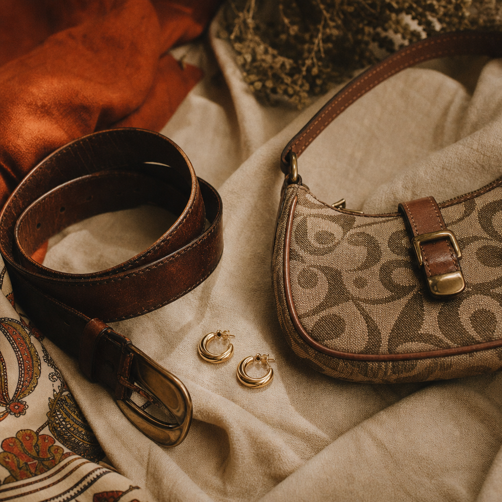 Curated vintage accessories including a leather belt, gold hoops, and a mini shoulder bag