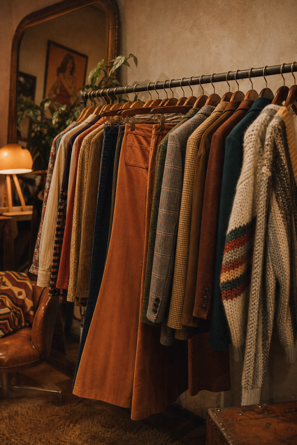 Warm cinematic photo of a curated vintage rack with 70s and 80s pieces, soft film grain and amber lighting