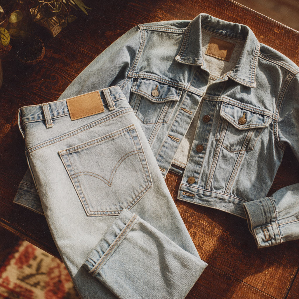 Retro denim laid out with light-wash jeans and a cropped jacket in warm film lighting