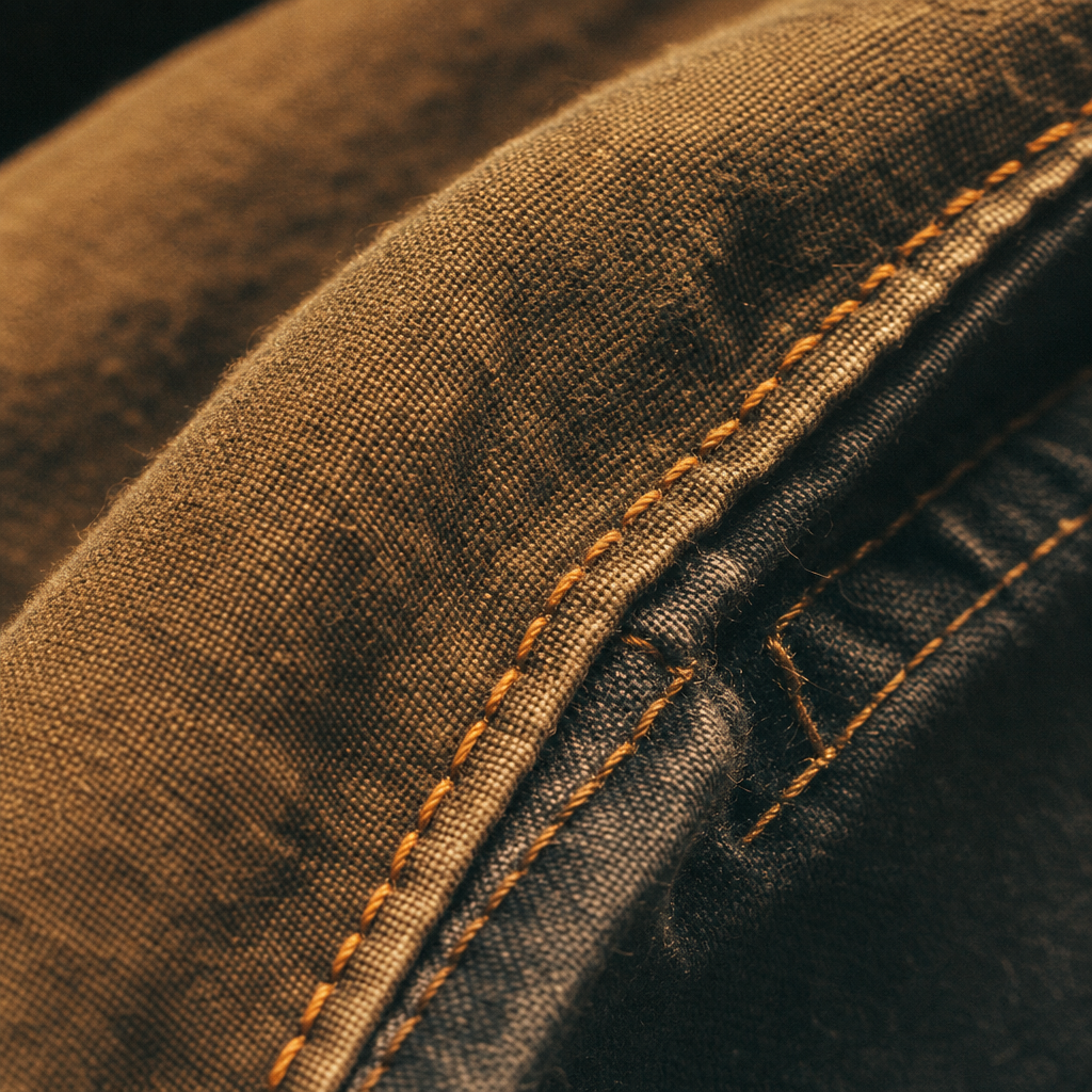 Close-up of textured vintage fabric stitching with warm golden light