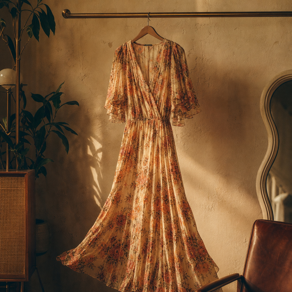 Editorial shot of a flowy vintage dress on a hanger with warm studio lighting