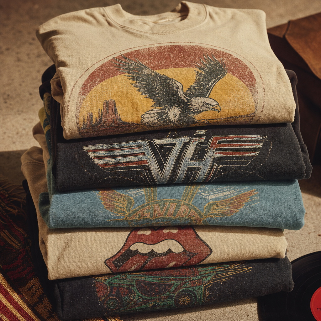 Stack of vintage graphic tees with faded prints and sun-warmed tones
