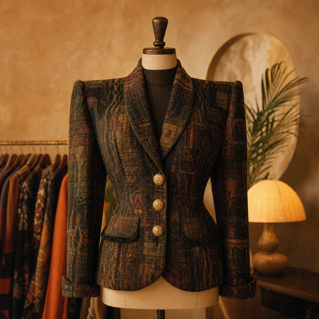 Warmly lit editorial photo of a structured vintage statement jacket with bold shoulders and textured fabric