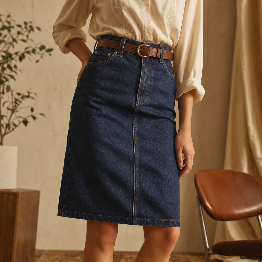 Editorial photo of a dark indigo 1980s high-waisted denim skirt styled with a tucked blouse and belt