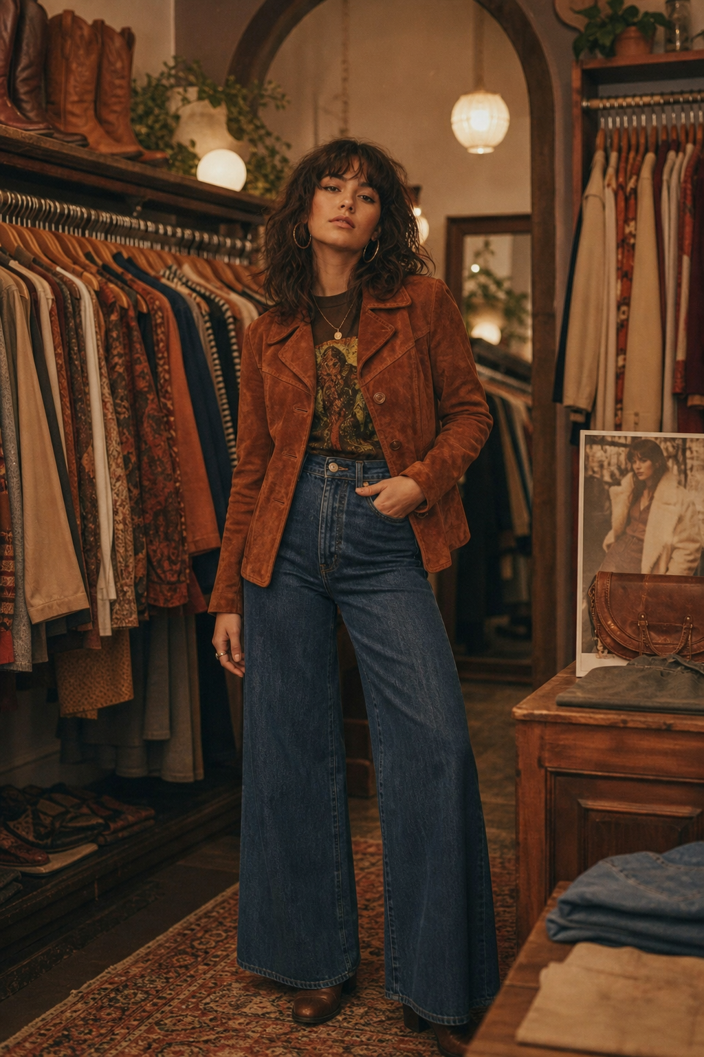 Warm film photograph of a model wearing a rust suede jacket and wide-leg denim in a retro boutique
