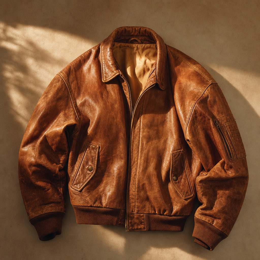 Warm-toned studio photo of a caramel brown 1980s leather bomber jacket with a soft worn sheen