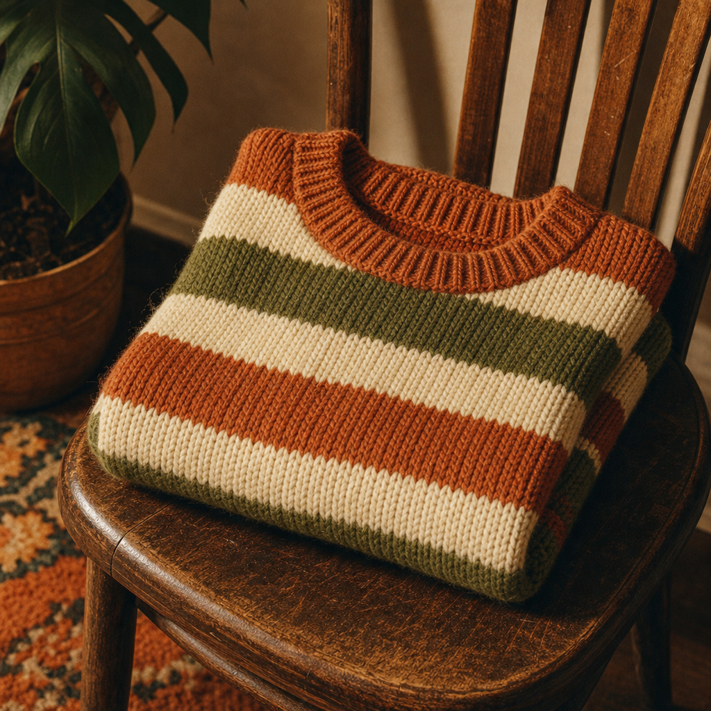 Cozy 1970s striped knit sweater in rust, cream, and moss green folded on a vintage chair