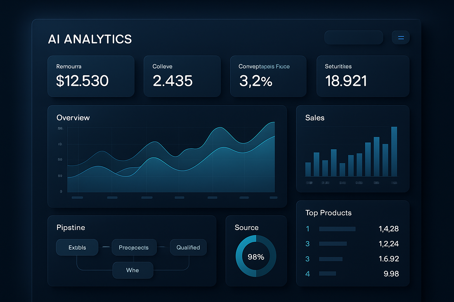 Modern AI analytics dashboard with charts, pipelines, and KPI summaries