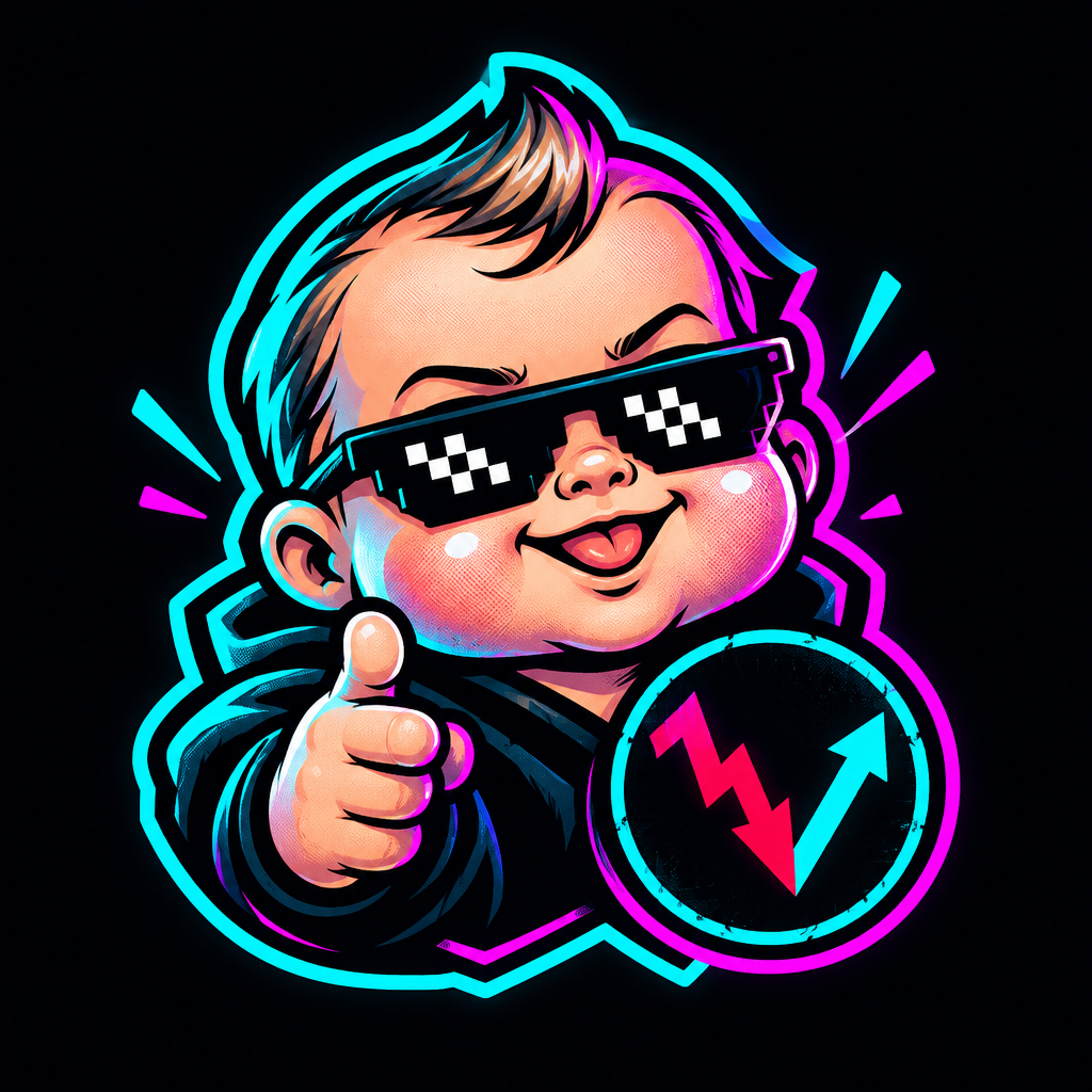 Neon cyan outline with playful baby face sticker wearing pixel sunglasses and crash arrow badge