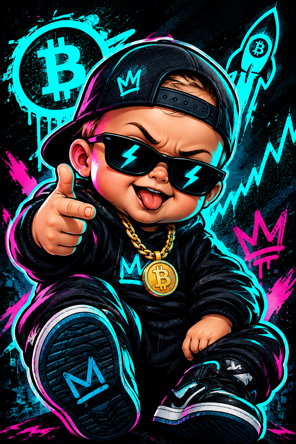 Rebellious, playful baby mascot portrait in sticker-art style with neon cyber meme contrast