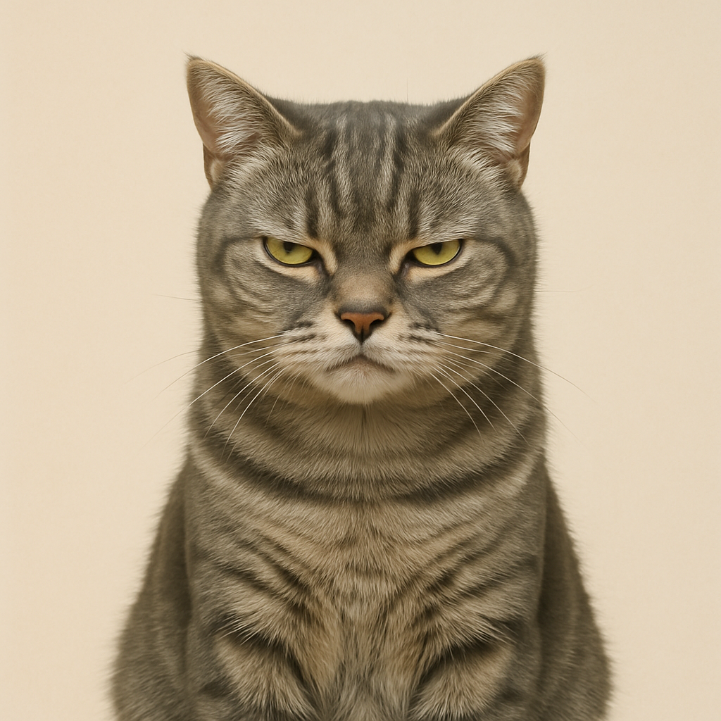 A gray tabby cat with narrowed eyes and a skeptical expression, sitting upright like a tiny judge