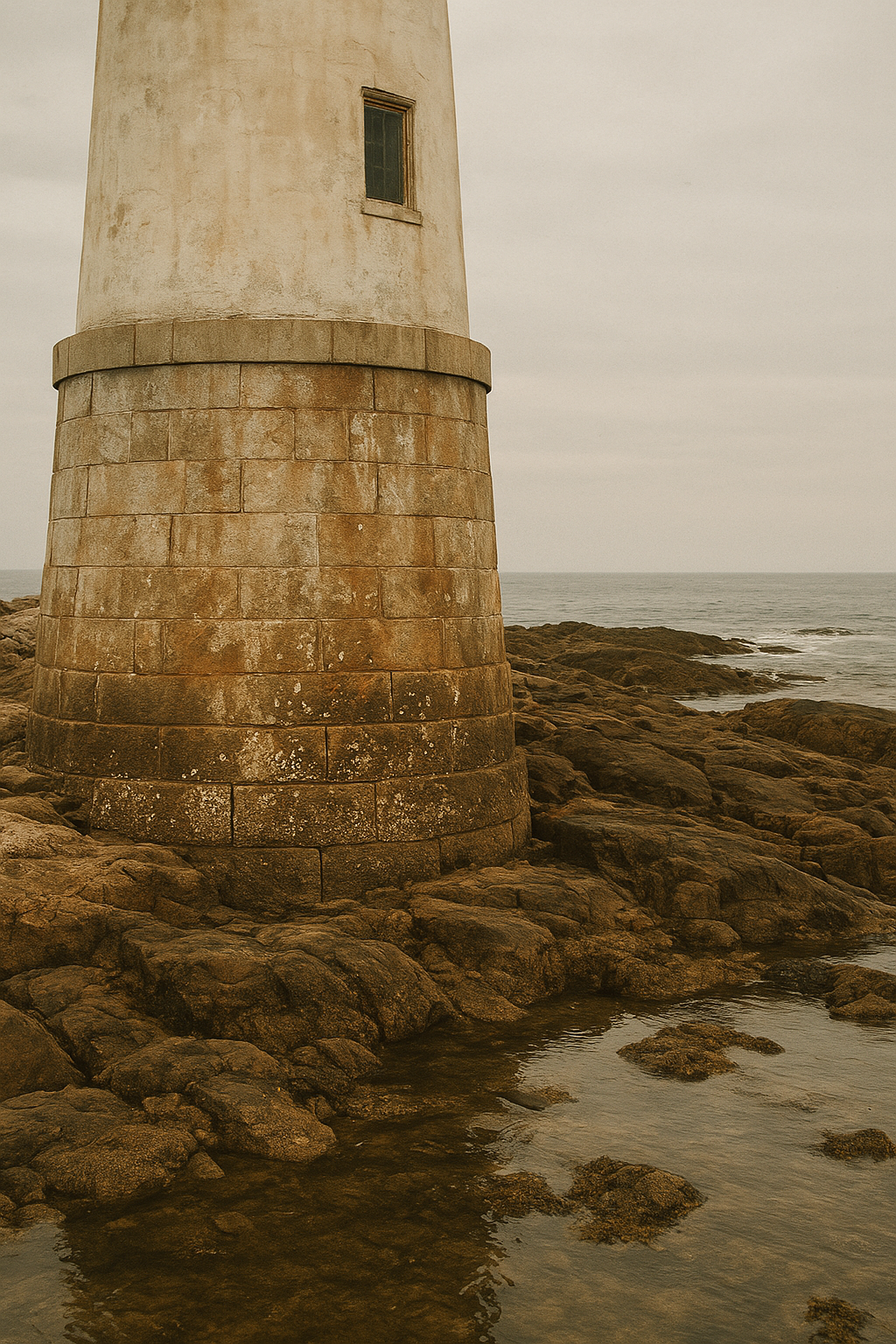 Warm-toned archival shoreline detail beside a lighthouse foundation with weathered stone, tide pools, and survey markings