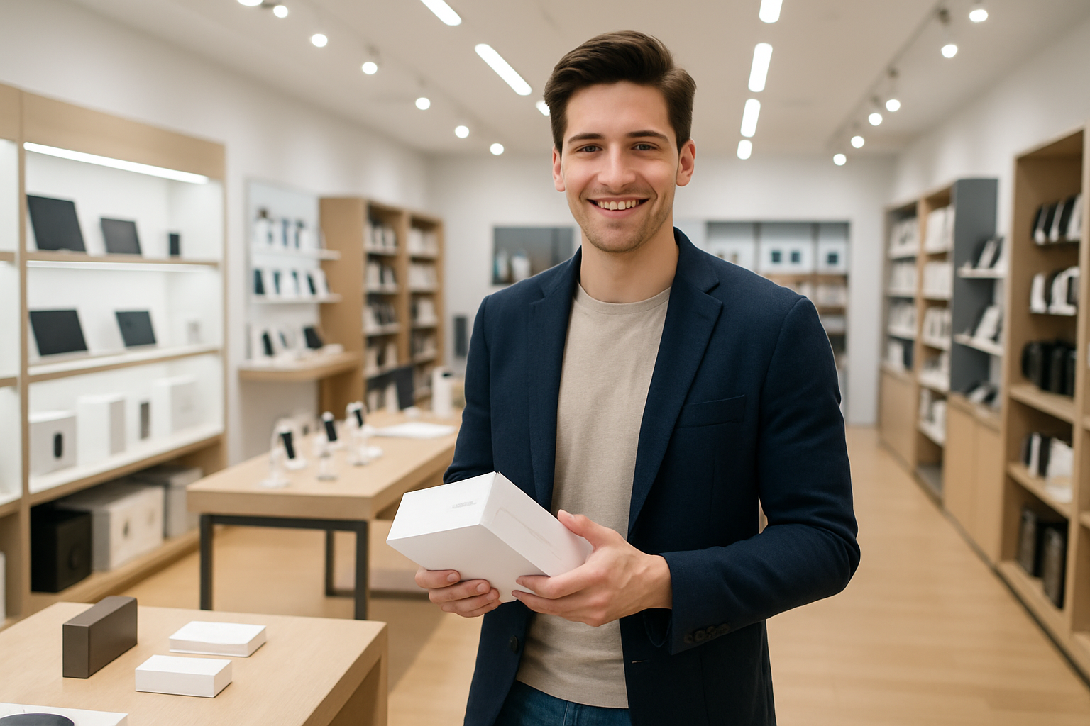 Persona feliz comprando productos tecnológicos en una tienda moderna