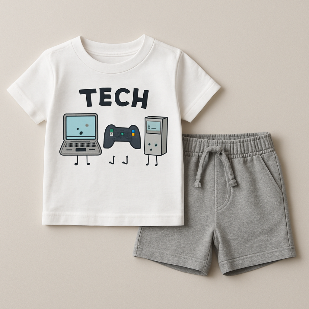 Remera infantil blanca con estampado divertido y short gris