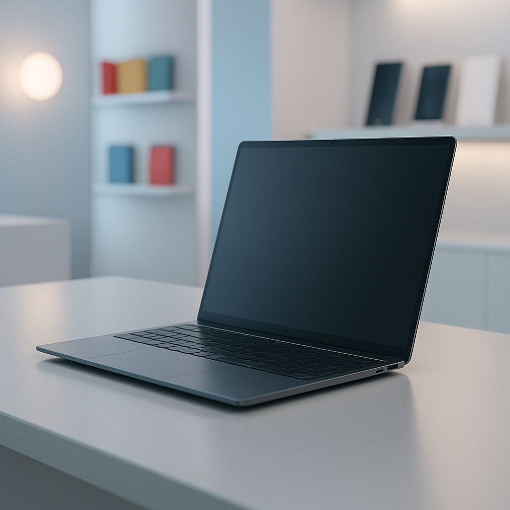 Laptop ultradelgada en mesa minimalista