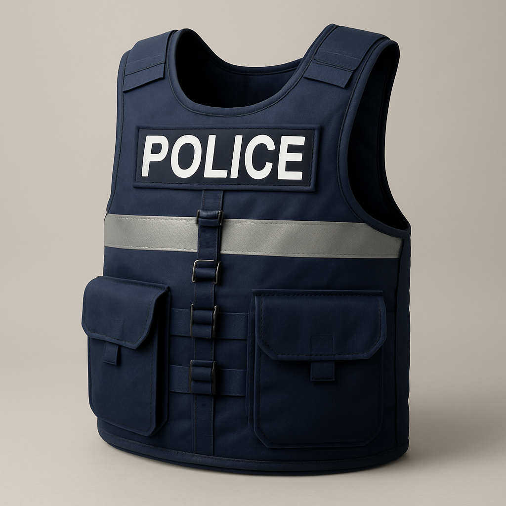 Chaleco policial azul marino con bandas reflectivas y cierres frontales