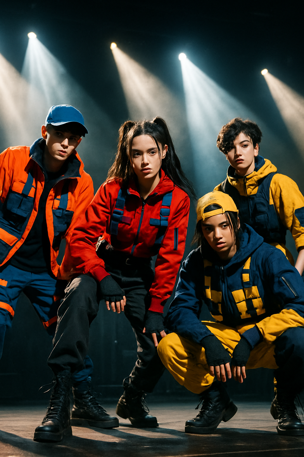 Equipo juvenil urbano con vestuario táctico y poses dinámicas