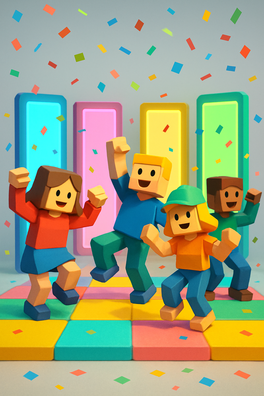 Personajes de videojuego con estilo cuadrado bailando en un escenario colorido