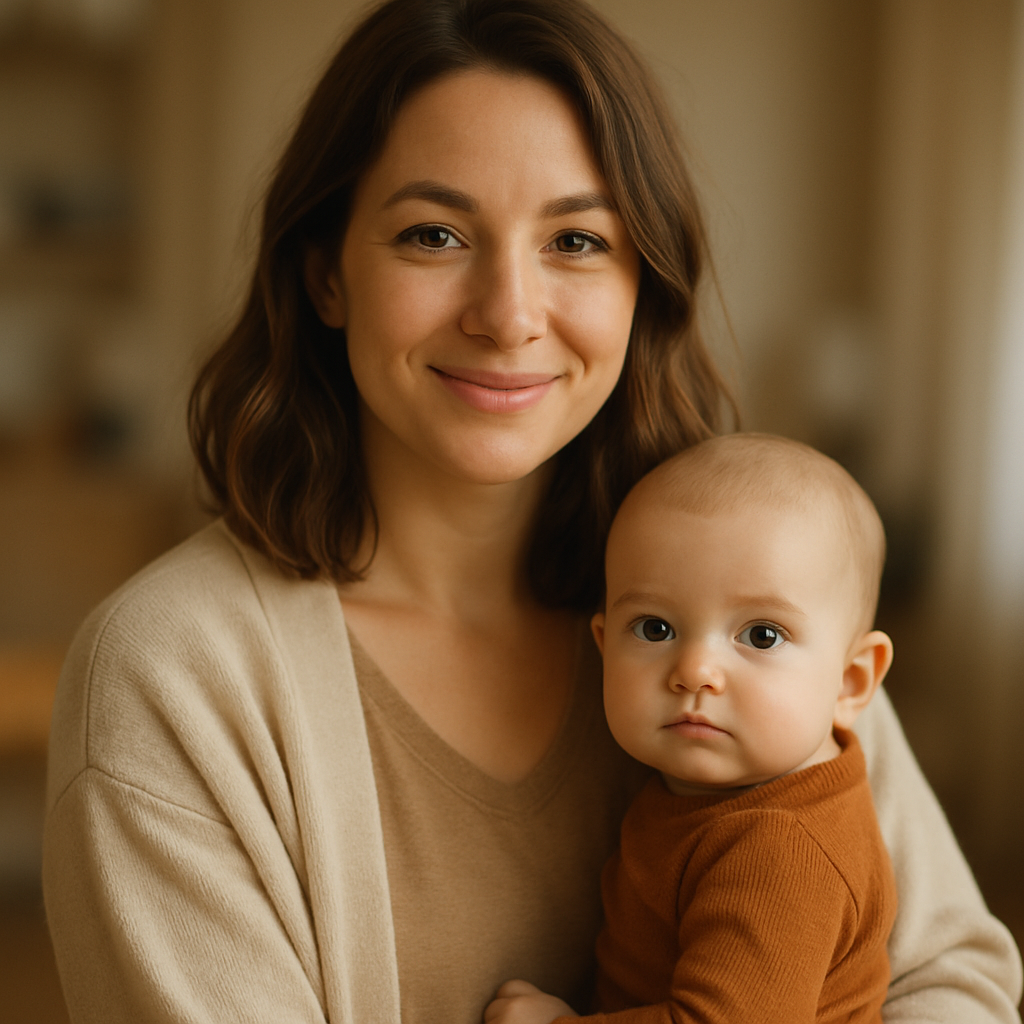 Retrato de una madre joven sonriente con luz cálida