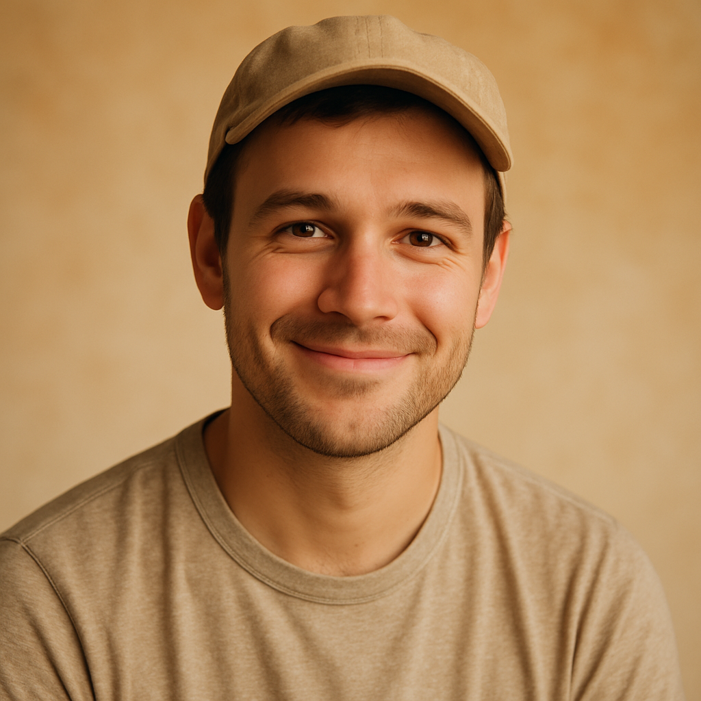 Retrato de un padre joven con gorra suave y sonrisa amable