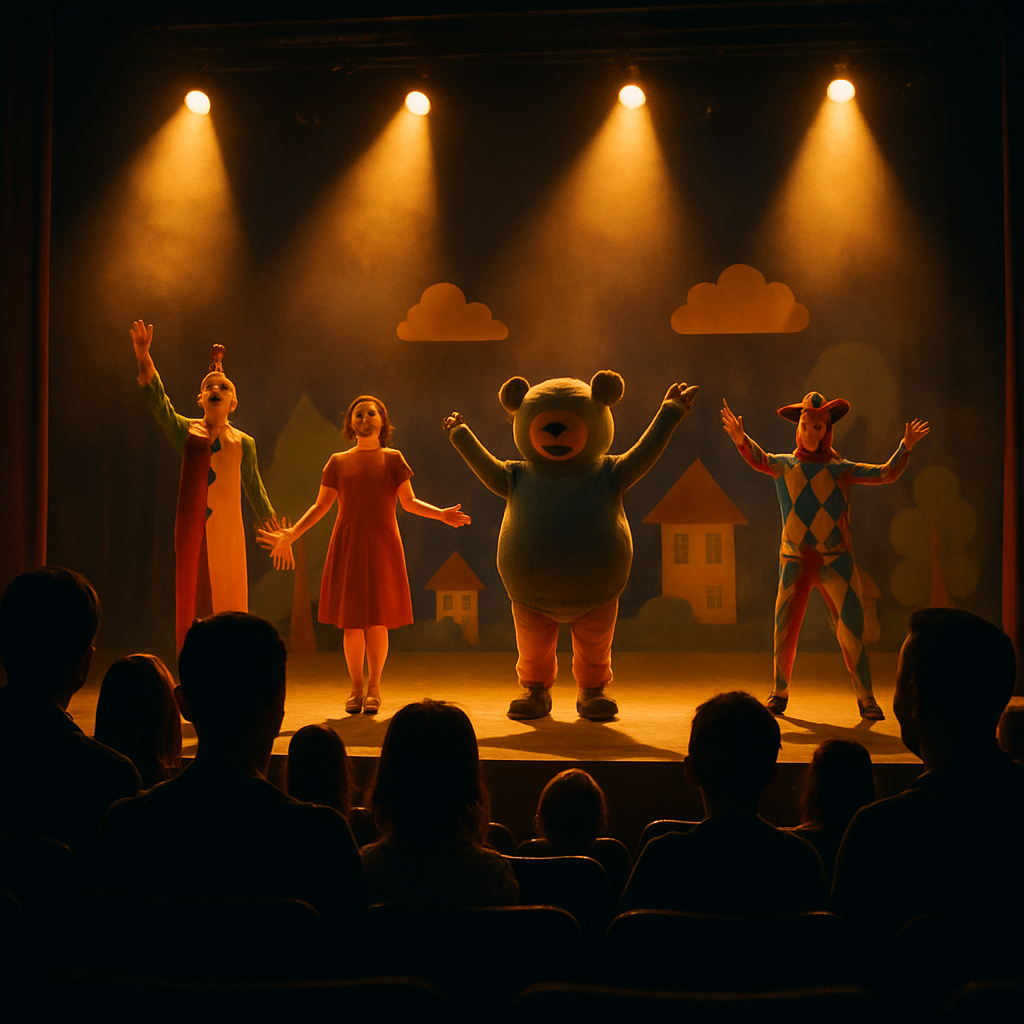 Escenario nocturno con luces cálidas y público familiar emocionado