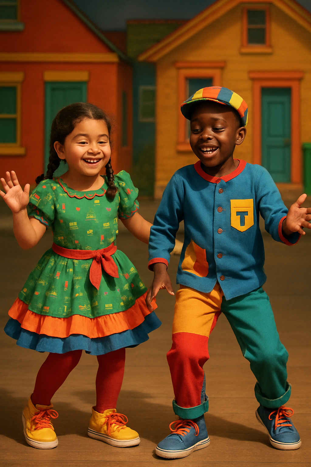 Pareja infantil bailando con vestuario colorido inspirado en el barrio