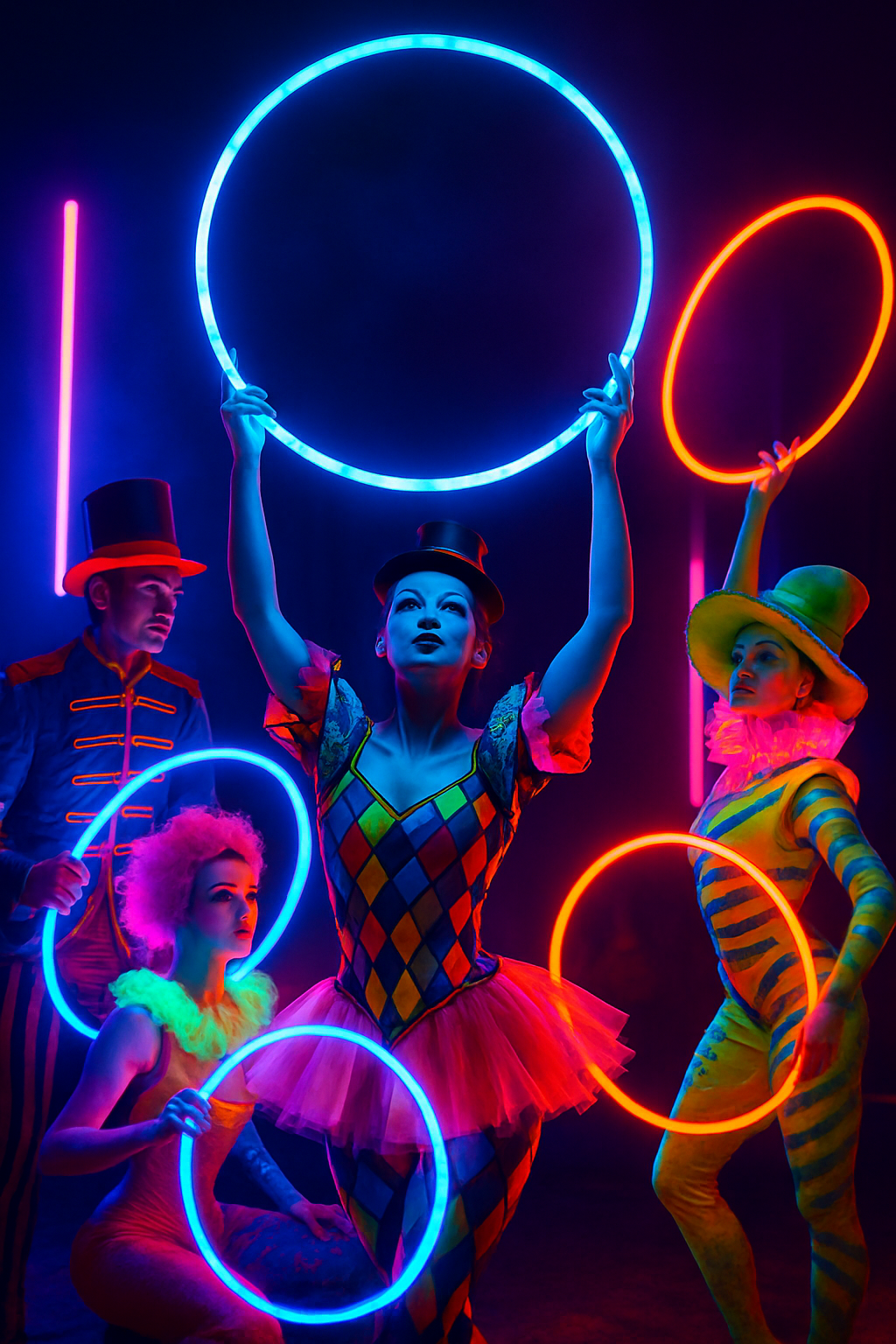 Artistas con vestuario futurista bajo luces neón de circo