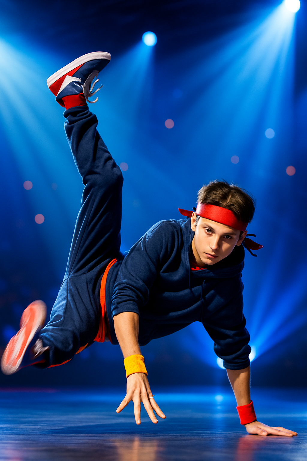 Bailarín ninja juvenil con banda en la frente y pose acrobática