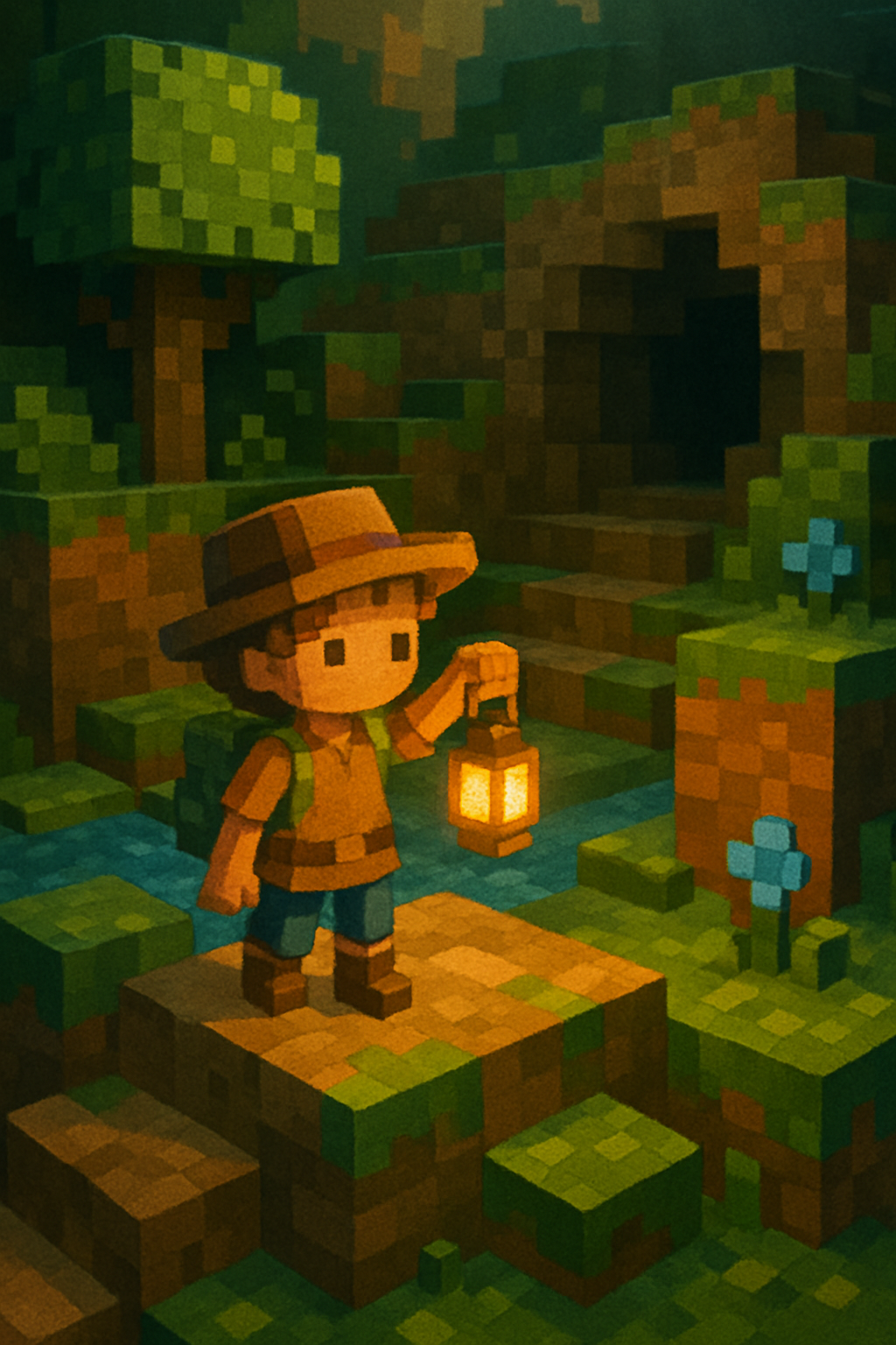 Escenario con estilo de bloques y explorador infantil con lámpara