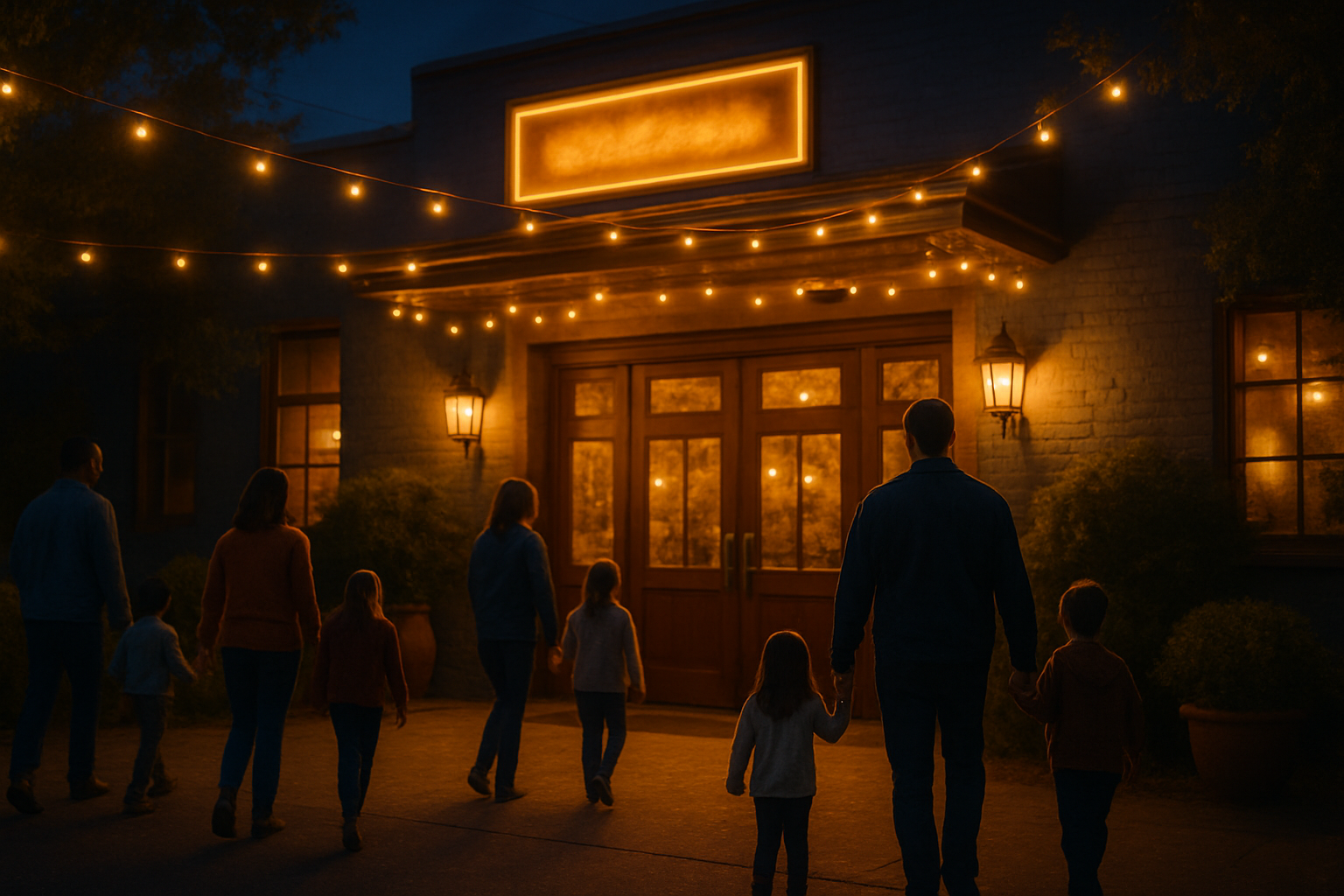 Entrada al venue iluminada al atardecer