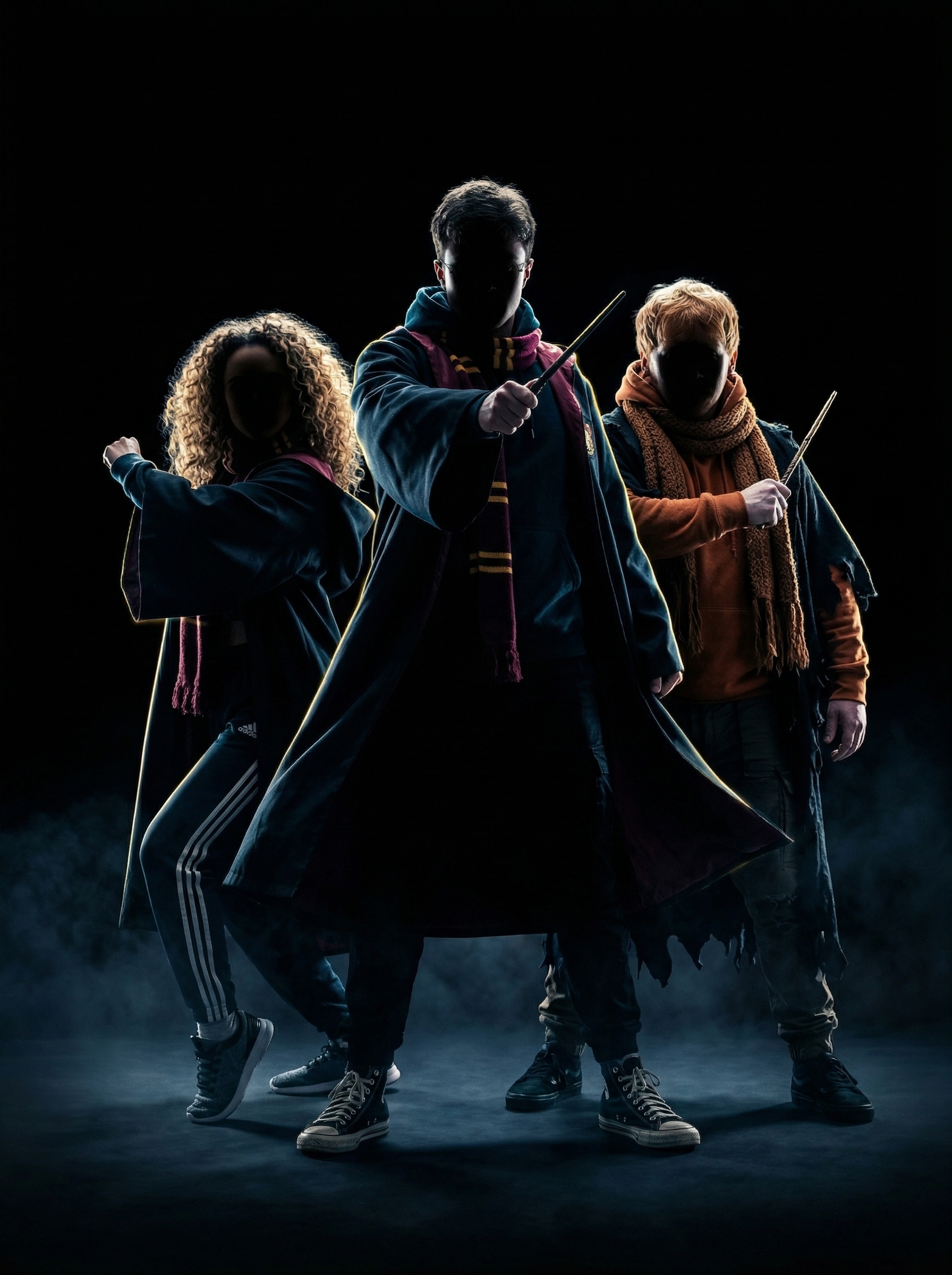 Joven mago en escenario brillante con luces mágicas