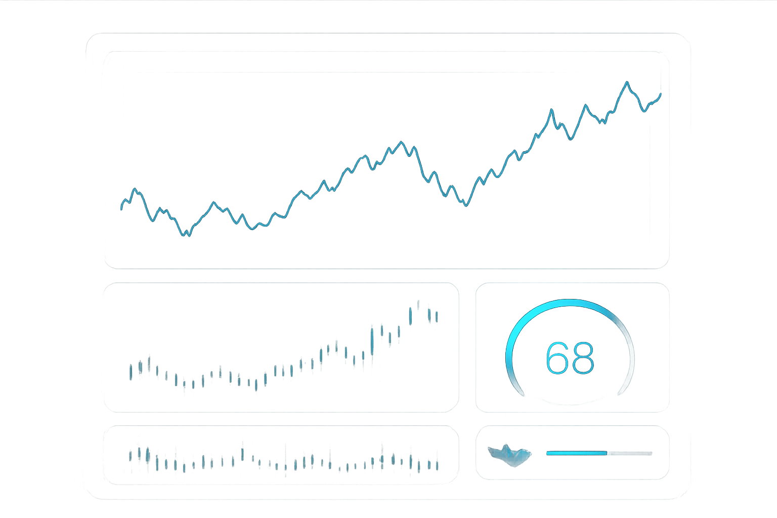 Dark futuristic analytics dashboard showing line charts, sentiment gauges, and whale alert cards with neon blue accents