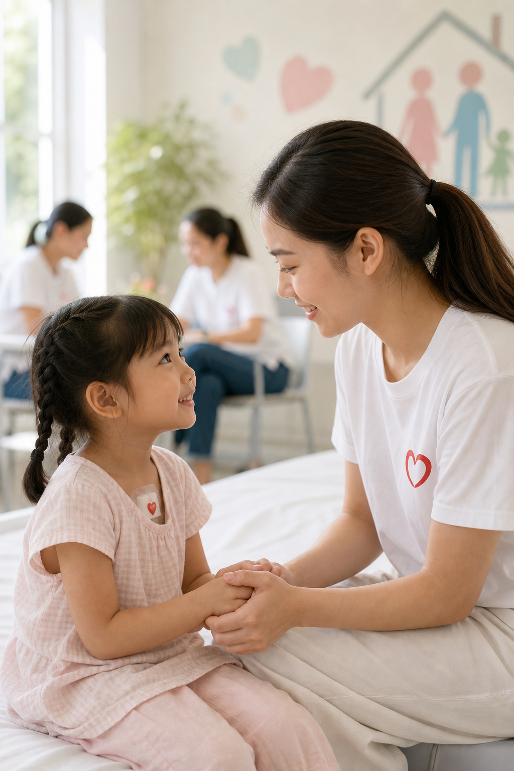 Khoảnh khắc người hỗ trợ nắm tay và trò chuyện cùng một em nhỏ trong không gian sáng sủa, ấm áp và đầy hy vọng