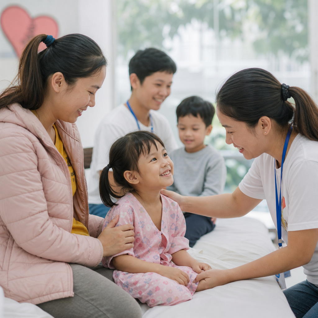 Khung cảnh ấm áp với trẻ em mắc bệnh tim, người chăm sóc và tình nguyện viên cùng sinh hoạt trong không gian cộng đồng sáng dịu
