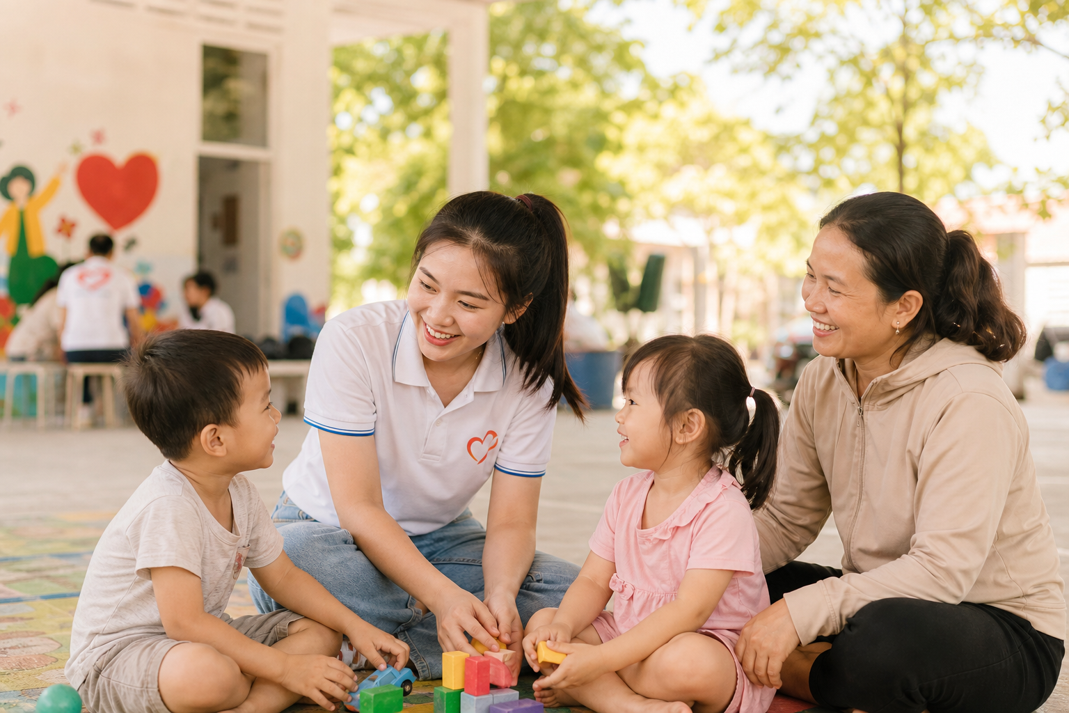 Tình nguyện viên chơi cùng trẻ em và trò chuyện với gia đình trong không gian cộng đồng ấm áp, ánh sáng dịu, không khí hy vọng
