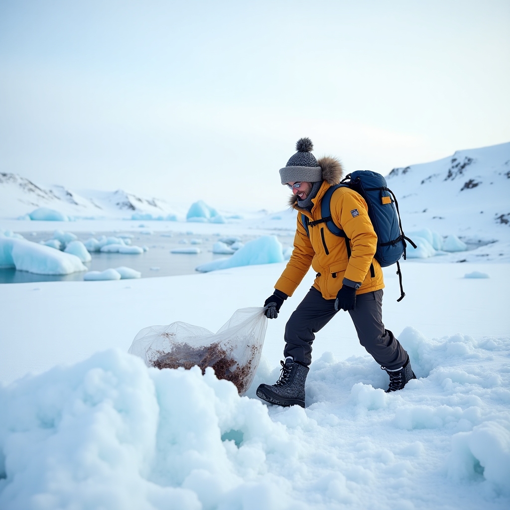 Explorer picking up litter in pristine snowy landscape