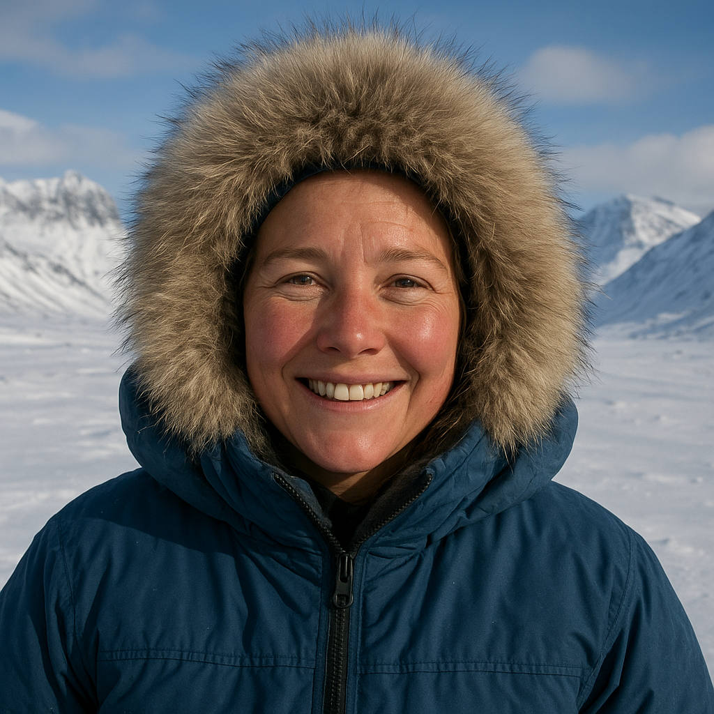 Highly realistic portrait of Mia H.: arctic explorer, in thick blue parka and fur-lined hood, smiling with rosy cheeks, snowy mountain landscape of Greenland behind, natural daylight, authentic emotion