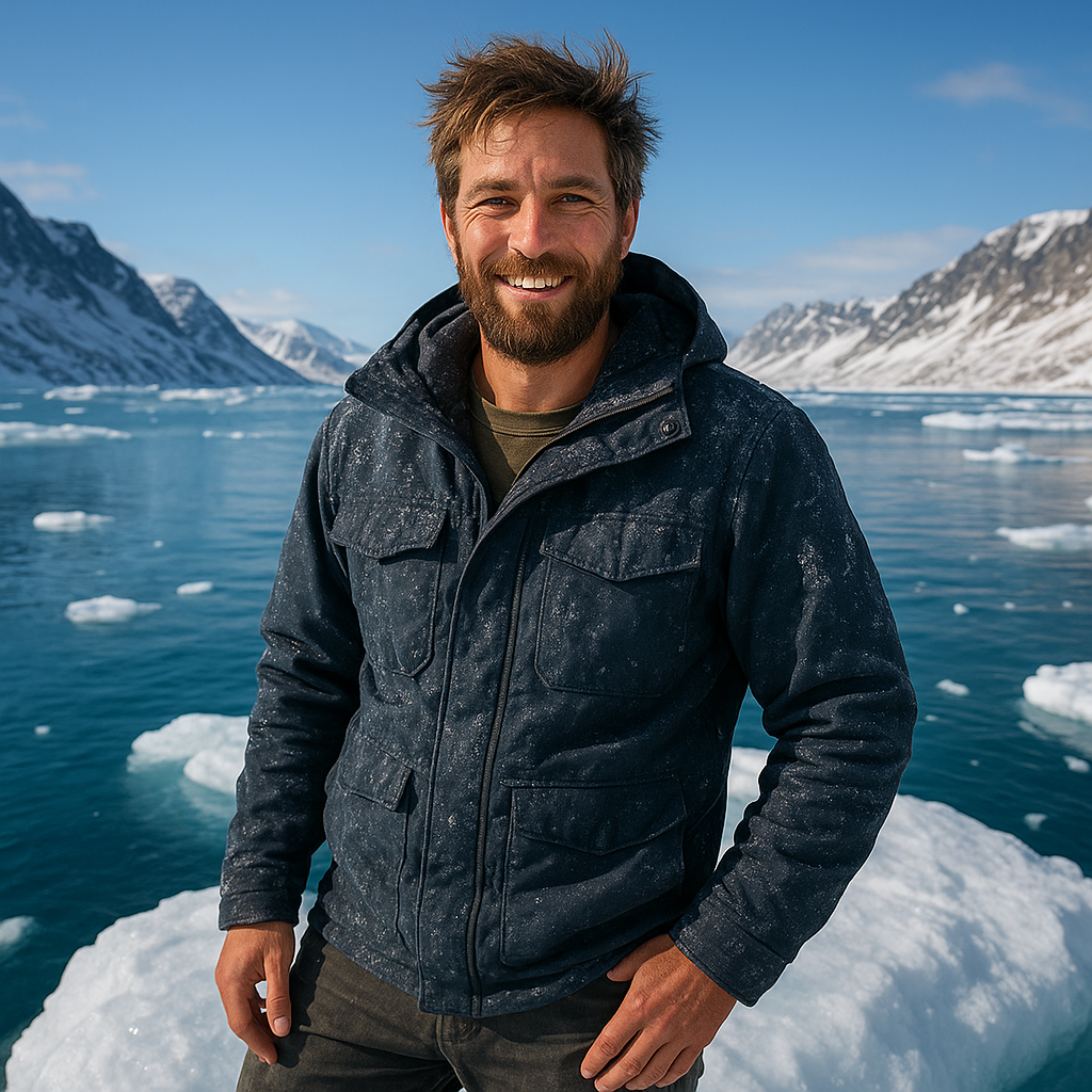 Highly realistic portrait of Lucas R.: bearded male adventurer, standing confidently on an ice floe with icy Greenland fjord and blue sky, snow-dusted jacket, wind tousled hair, warm smile, real emotion, natural light