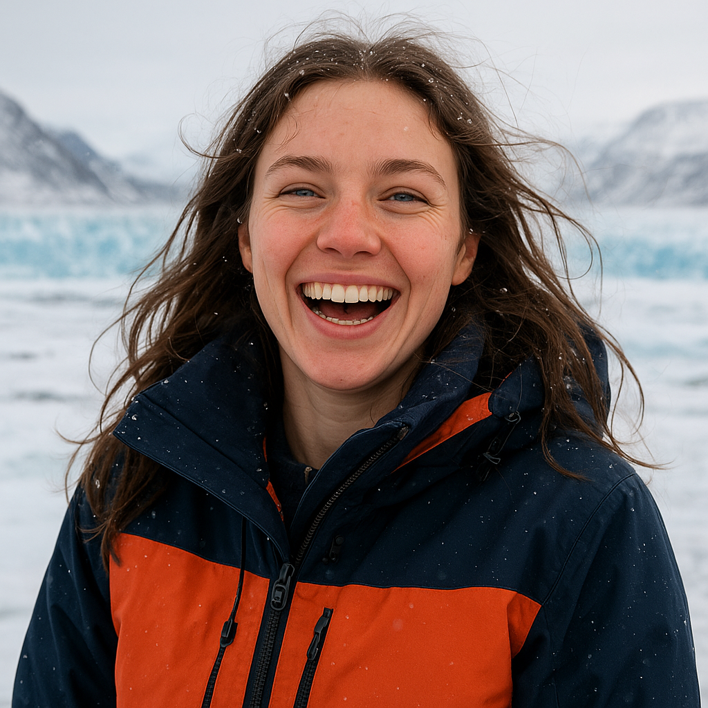 Highly realistic portrait of Sofia N.: young woman laughing in wind, arctic expedition jacket, glacier fields stretching behind, snowflakes in hair, bright eyes, joyful and authentic expression, Greenland natural daylight