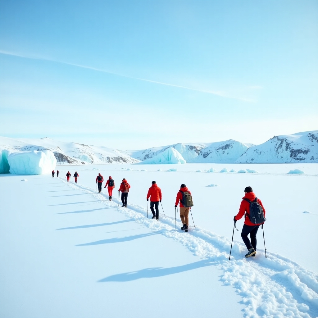 Small group trekking across icy landscape