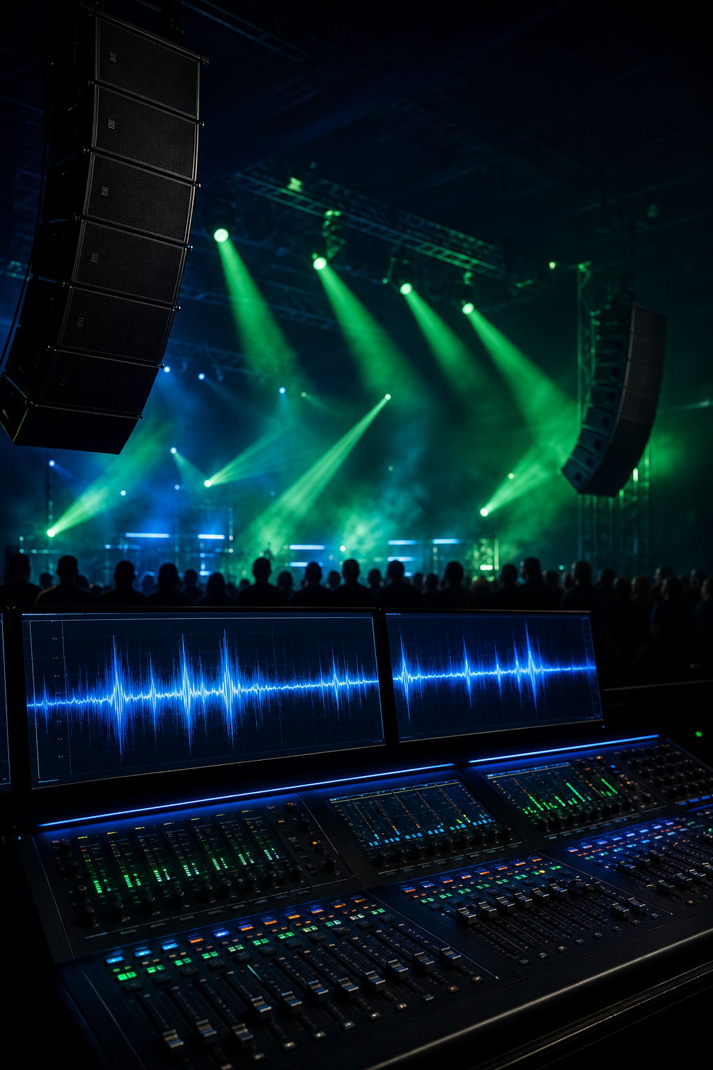 Concert production atmosphere with blue live-audio waveforms, green stage-light beams, speaker stacks, and illuminated mixing console energy