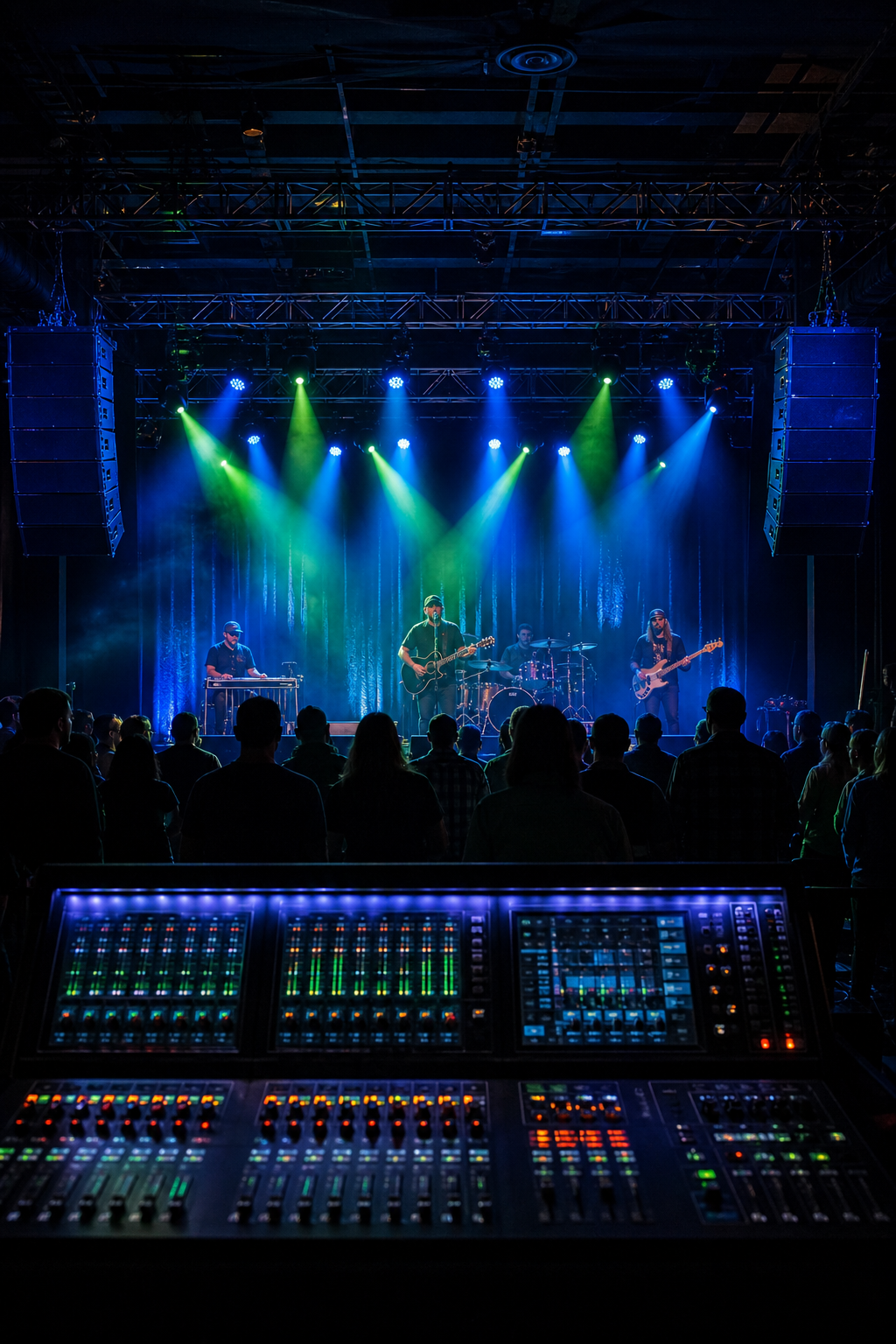 Live event stage setup with a front-of-house mixing console, PA speaker stacks, overhead truss lights, and a band performing under blue and green beams