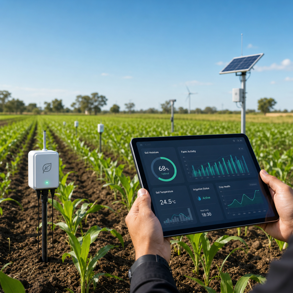 Agricultural technology demo with sensors and crops in a rural field