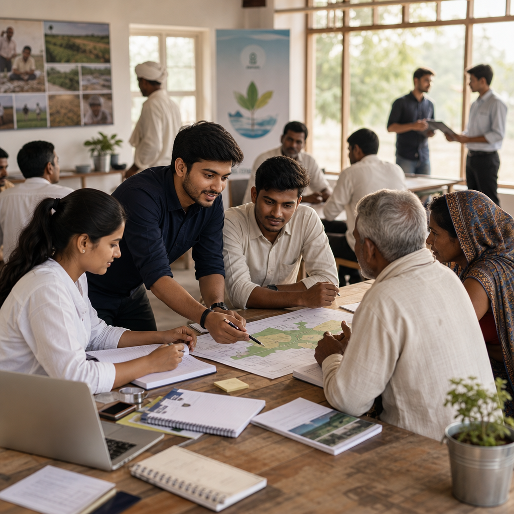 Community workshop with villagers collaborating around a planning table