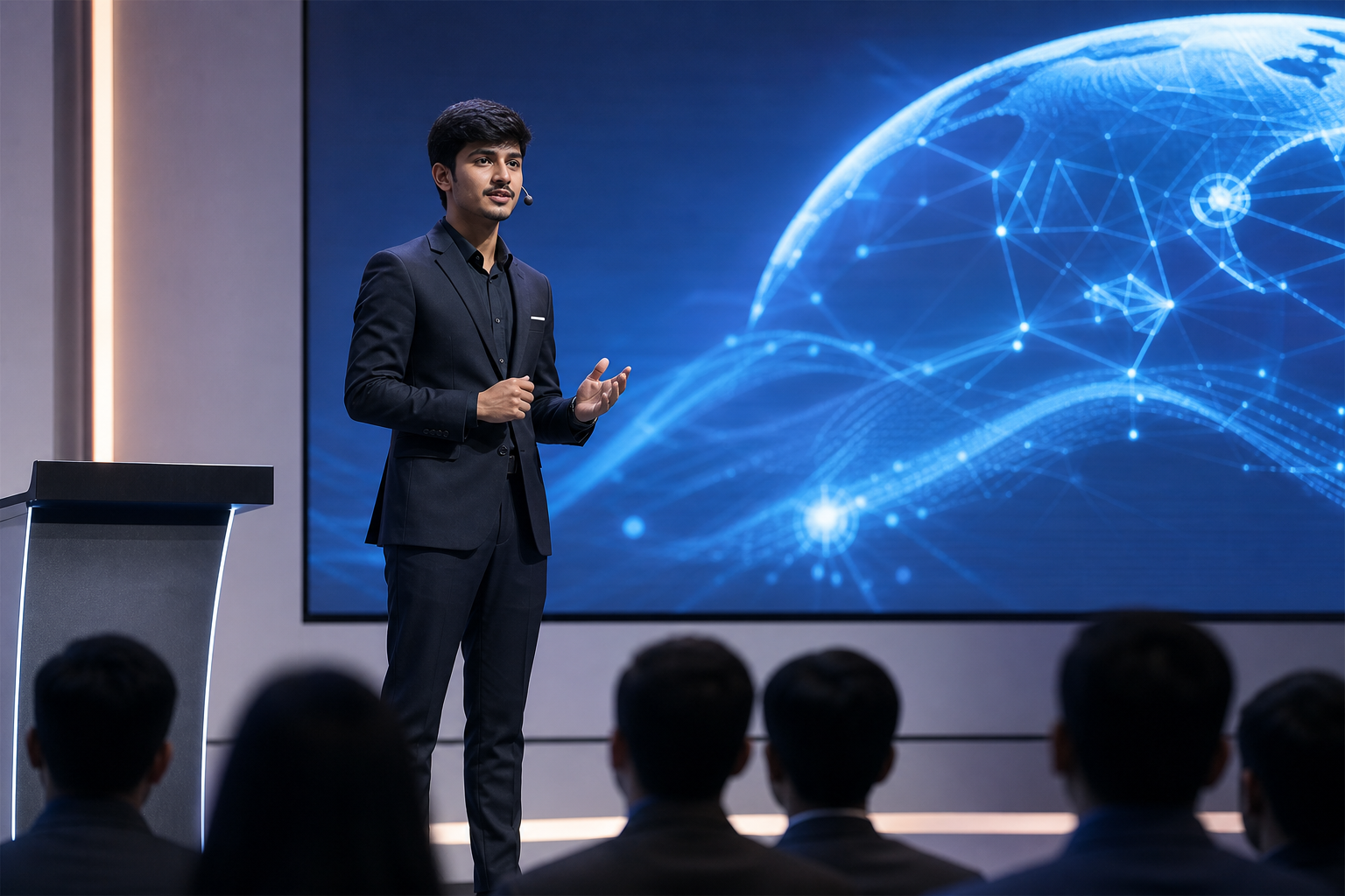 Shivam Dhuriya presenting a future-focused keynote in a modern auditorium