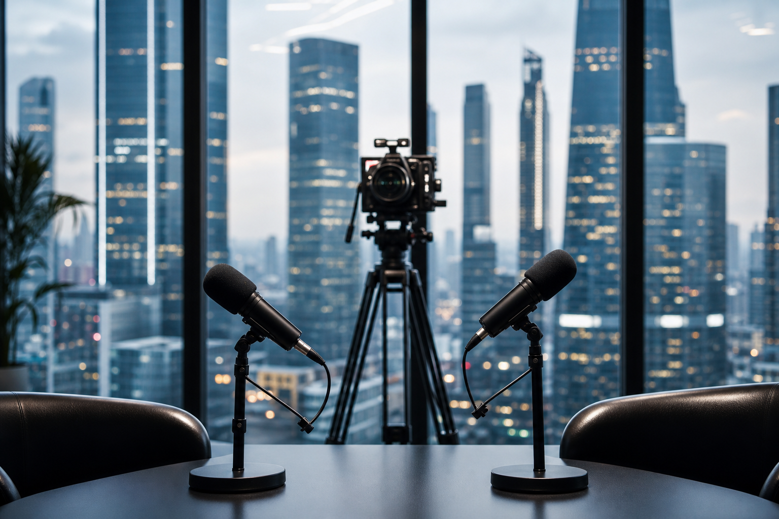 Press interview setup with microphones and a modern city skyline backdrop
